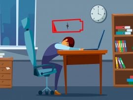 Office worker is sitting at the table with a low battery charge indicator. Burnout, fatigue and stress on workplace. Flat style. Vector illustration.