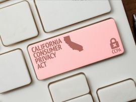 CCPA concept: a black computer keyword with a lock, a California shape and the text California consumer privacy act