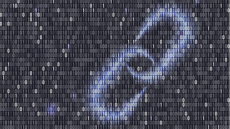 Blockchain hyperlink symbol with binary code in the background.