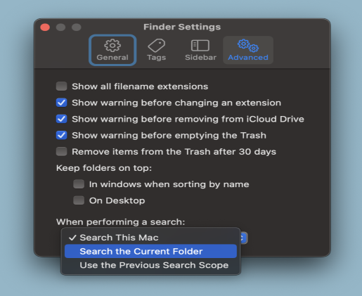 Mac Finder Settings Advanced tab with the option for When performing a search: Search the Current Folder highlighted in blue