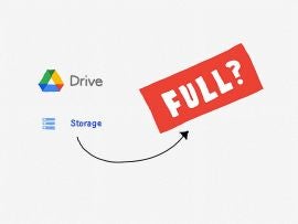 Drawn logos of Google Drive and Drive storage icon (left), with big box (filled in bright red) with white blocky lettering with the word "FULL?" to the right