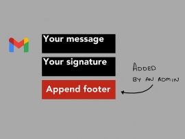 (left) Drawing of Gmail logo, (middle) three blocks: top, "Your message"; middle, "Your signature"; bottom, "Append footer"; (right) Text "Added by an admin" with arrow pointing to "Append footer"