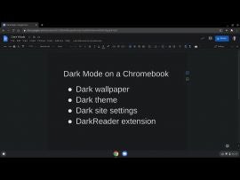 Screenshot of a Google Doc on a Chromebook with a dark theme, dark background, and DarkReader extension all active. (Headline reads "Dark Mode on a Chromebook")