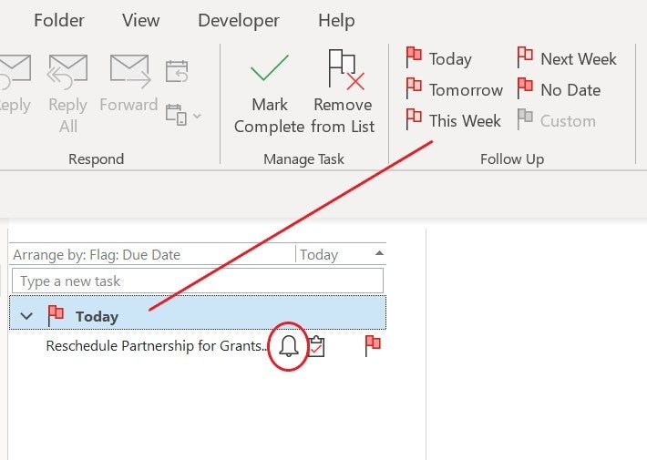 The Today flag selected from the Follow Up section in the Outlook Reminders tab