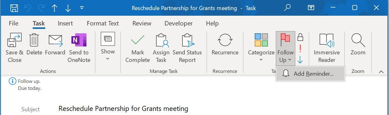 The Follow Up option selected in the Task tab in Outlook