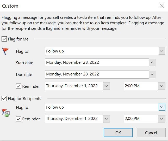 Reminder Options for Flag for Me and Flag for Recipients selected in Outlooks Cutom reminders menu