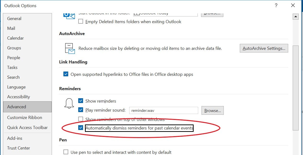 The Automatically dismiss reminders for past calendar events option selected in the Reminders section of Outlook's Advanced Outlook Options settings