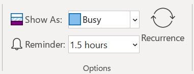 The time intervals setting options in Outlook, with Reminder set to 1.5 hours