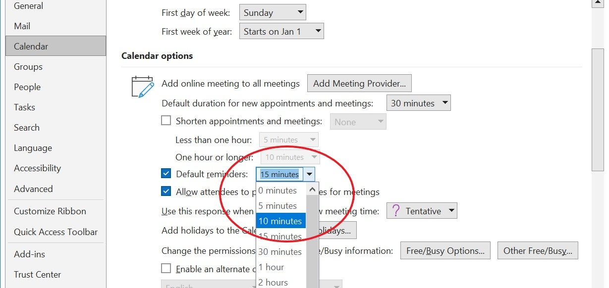 The Calendar options Default reminders dropdown open with 10 minutes highlighted