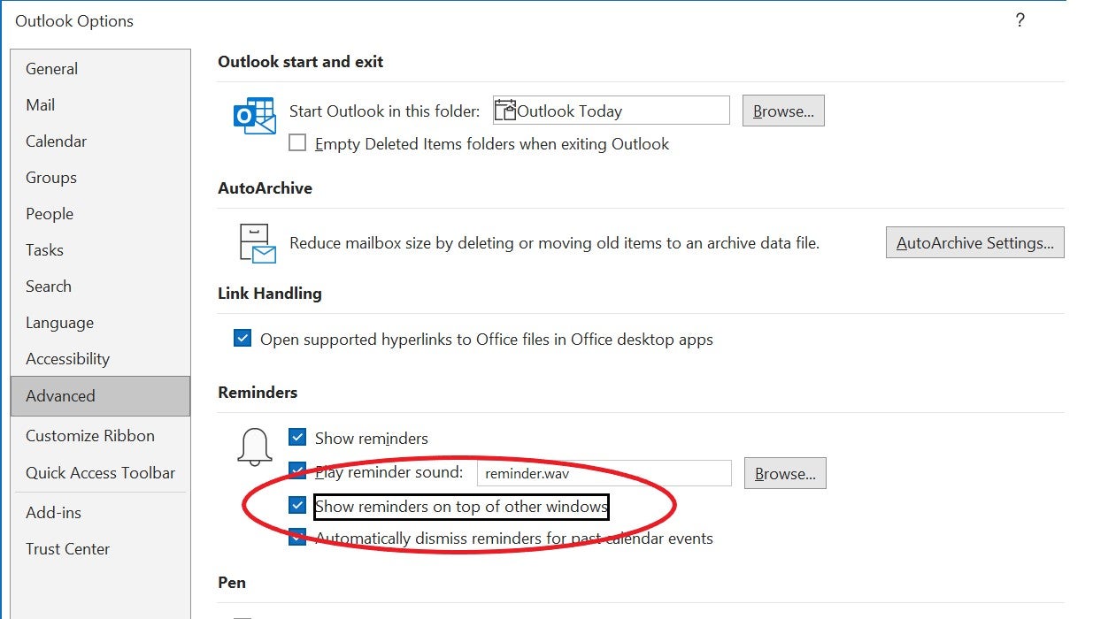 The Show reminders on top of other windows setting selected under the Reminders section in Outlook's Advanced Outlook Options menu