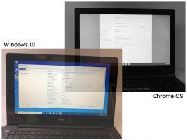 Lower left photo: Windows 10 on Dell laptop, upper right photo: Chromebook with Chrome OS version displayed