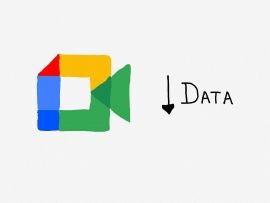 Drawing of Google Meet logo (left) with down-pointing arrow and word Data (right)