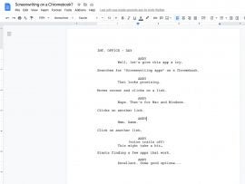 Screenshot of an example screenwriting app that details Andy's search for apps that work on a Chromebook