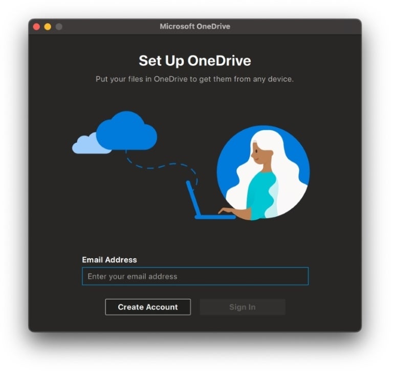 Enter your email and continue through the setup assistant to finish configuring OneDrive. 
