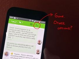 Photo of classic Hangouts, with Phone icon circled in red, with arrow to handwritten text, "Gone. Other options?"
