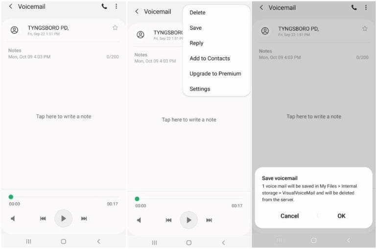 Saving a voicemail on an Android phone.