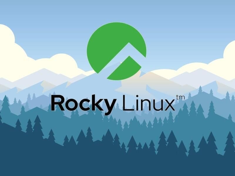 Rocky Linux logo on mountain scene background