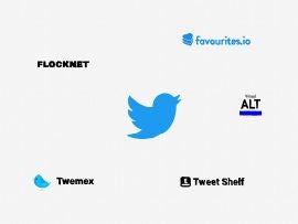 Illustration: Twitter bird logo in center, with logos and company names from the 5 companies covered in the article (Flocknet, favourites.io, Visual ALT, Tweet Shelf, Twemex)