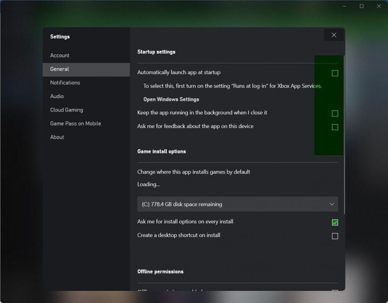 startup settings for Xbox on Windows 11.