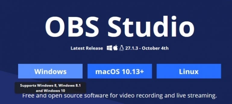 OBS Studio download options for Windows, macOS, and Linux
