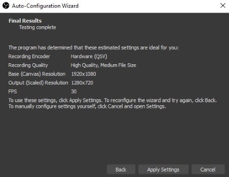 OBS Studio auto-configuration wizard results menu