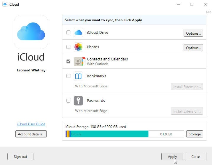 At the iCloud window, check the box for Contacts and Calendars with Outlook.