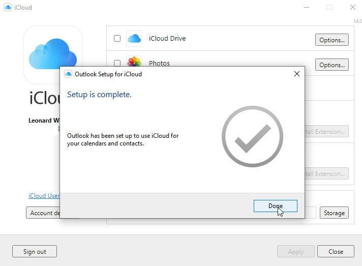 Click Done and close the iCloud for Windows app.