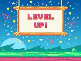 Pixel art UI design with outdoor landscape background. Colorful pixel arcade screen for game design. Banner with phrase Level Up . Game design concept in retro style.