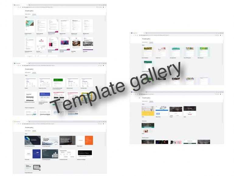Words “Template gallery” overlaid on screenshots of the template galleries from Google Docs, Sheets, Slides (left side), Forms and Sites (right side).
