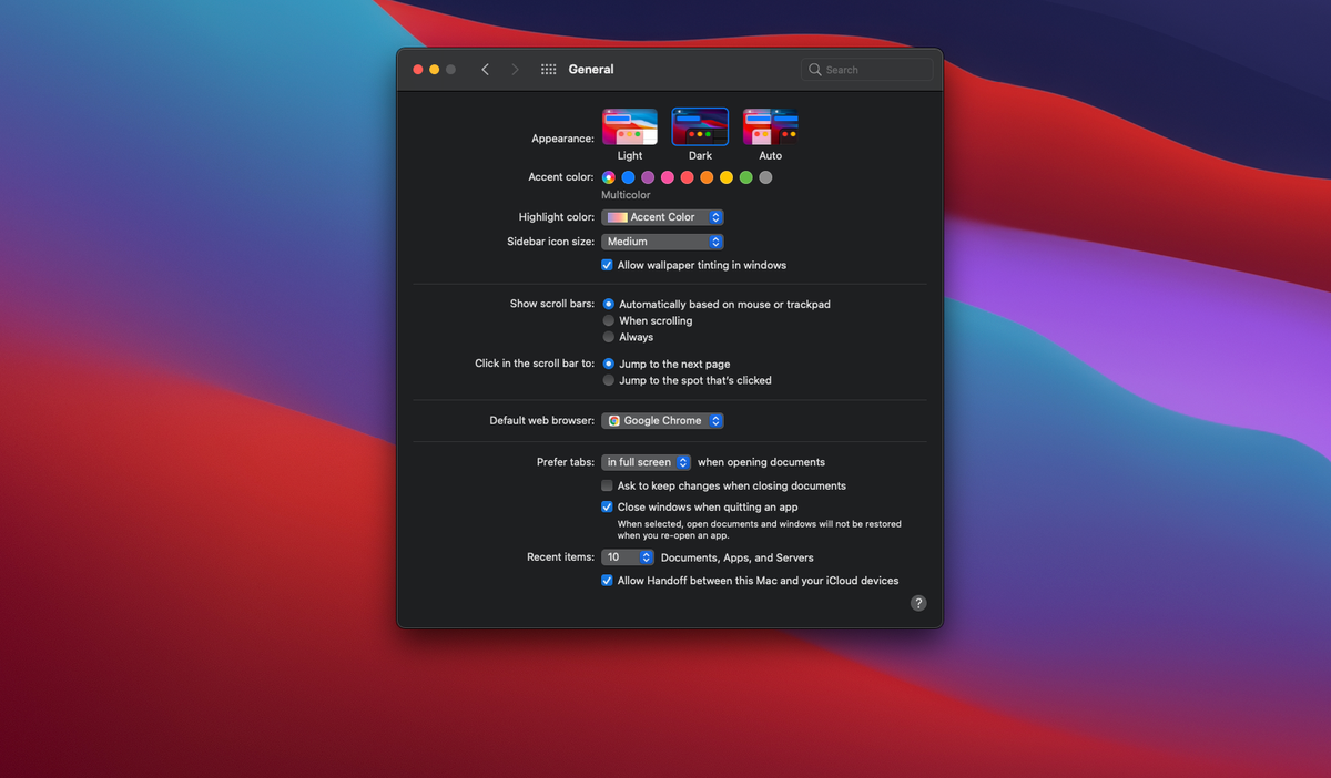 color settings on a mac set to Dark Mode