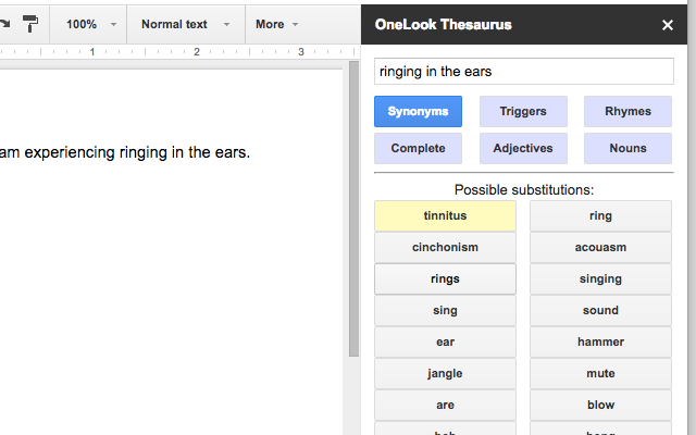Looking up a phrase with OneLook Thesaurus in a Google Doc.