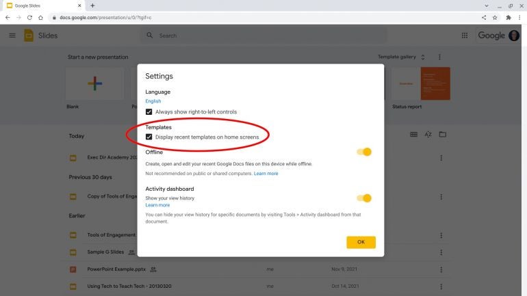 Screenshot of Google Slides Settings, with box for Templates setting to Display recent templates on home screens selected.
