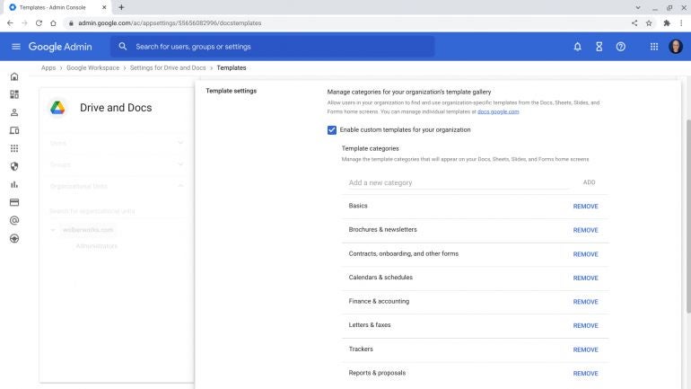 Screenshot of Google Workspace Admin console, with Template settings showing custom templates enabled, and the default list of categories (e.g., Basics, Brochures & newsletters, etc.).