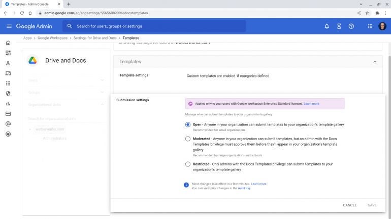 Screenshot of Google Workspace Templates Submission settings administrator options, with three choices: Open (anyone may submit templates), Moderated (anyone may submit, but an admin approves), or Restricted (only accounts given Docs Templates privilege may submit).