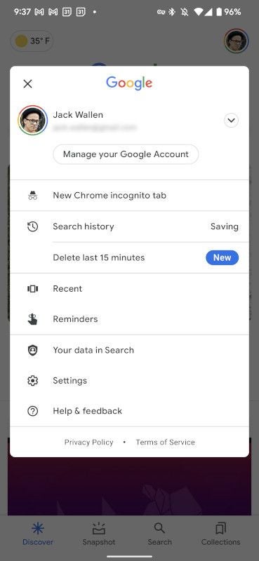 The Google app pop-up menu is where you can delete your last 15 minutes of search history.