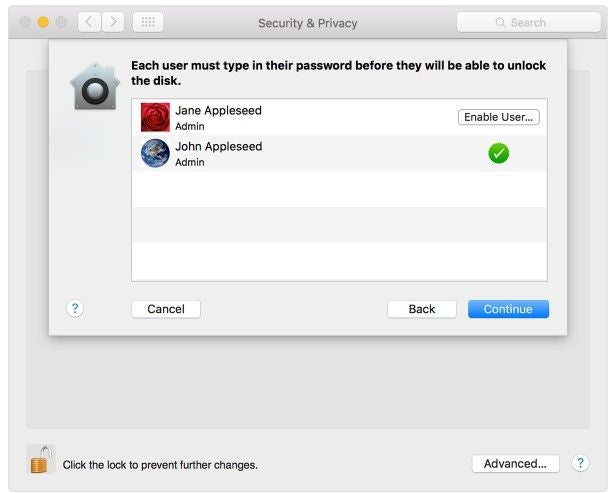 Click the FileVault tab, enter the appropriate administrator credentials then click Turn On FileVault.