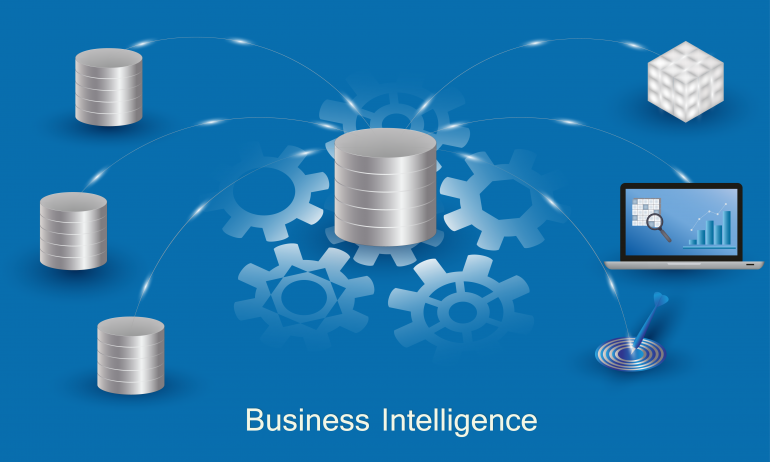 Business Intelligence concept. Data processing flow with data sources, ETL, datawarehouse, OLAP, data mining and business analysis.