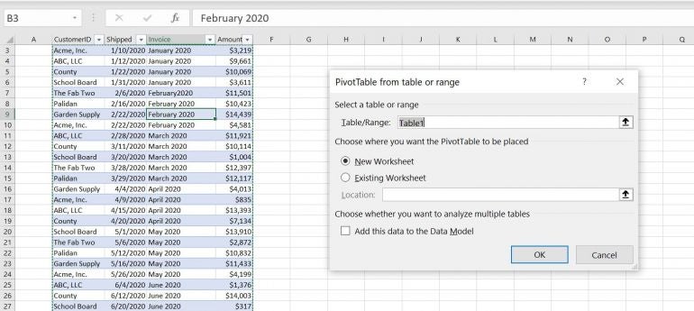 Insert the PivotTable frame into a new worksheet.