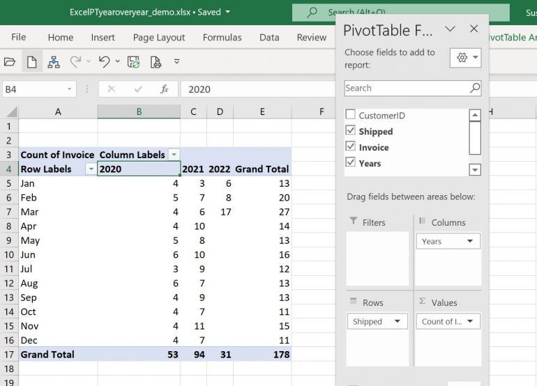 Define the PivotTable by dragging fields to the appropriate position lists.