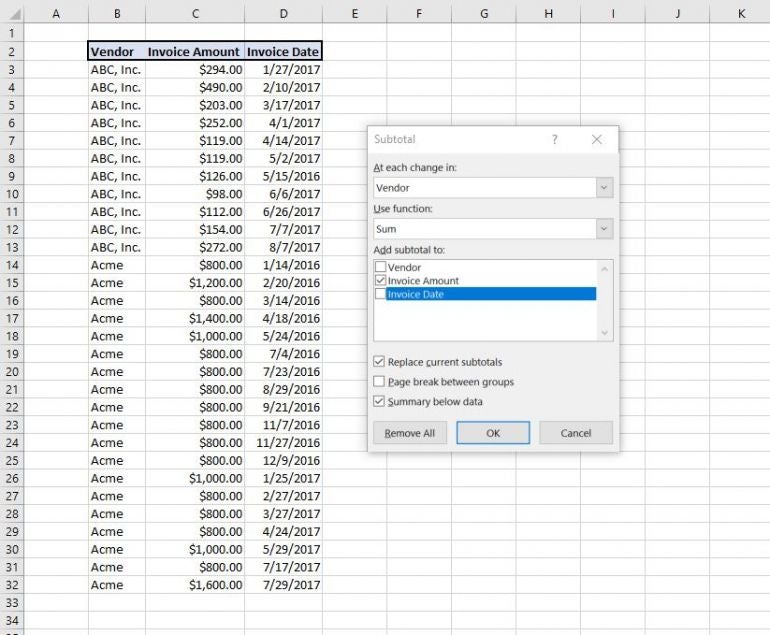 The Subtotal feature can display an invoice amount for each vendor.