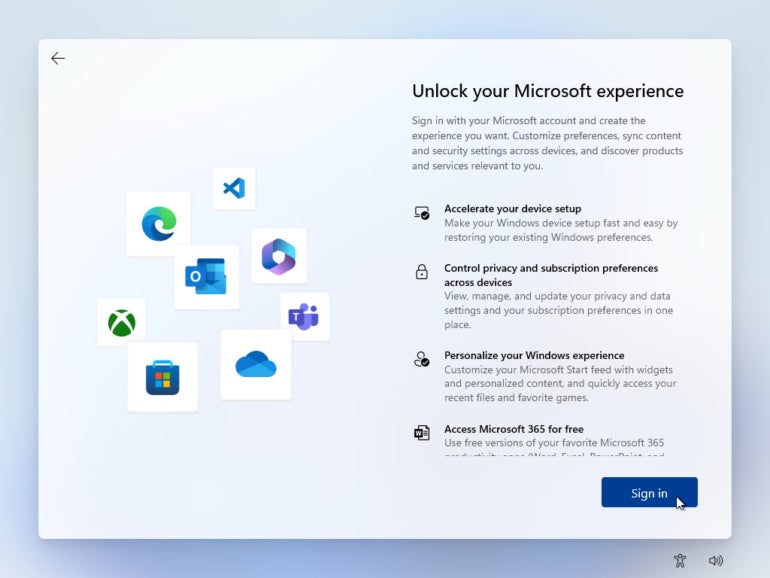 Click the Sign in button at the screen promoting a Microsoft account.