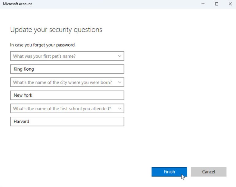 Enter your security questions and answers to recover your account if you forget your password.