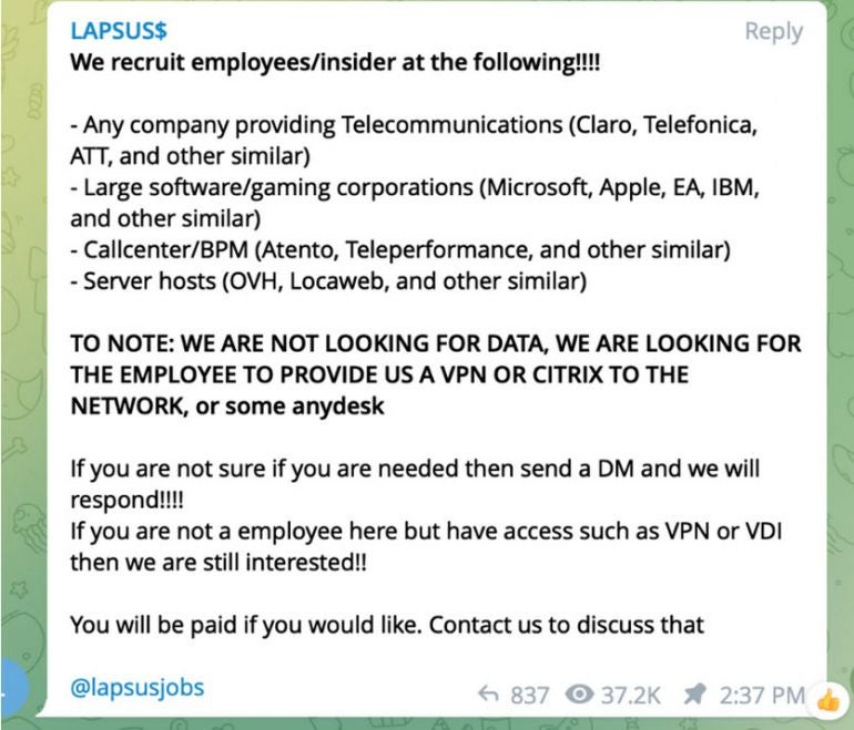 Image: Microsoft. A Lapsus$ advertisement recruiting employees willing to share access to their employer’s network for payment.