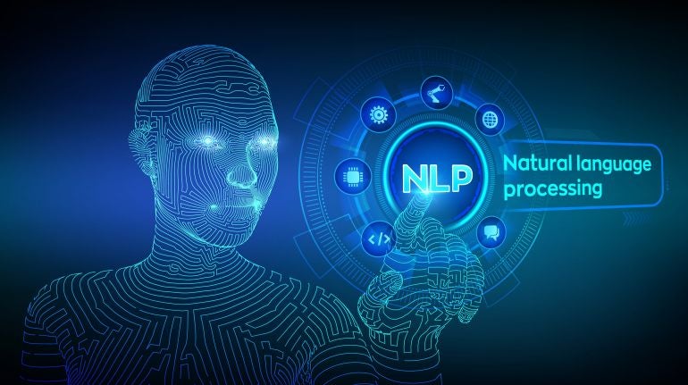NLP. Natural language processing cognitive computing technology concept on virtual screen. Natural language scince concept. Wireframed cyborg hand touching digital interface. Vector illustration.