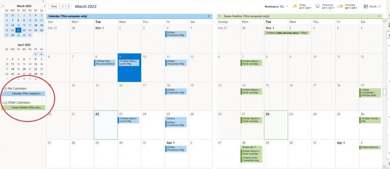 Display two Outlook calendars side-by-side.