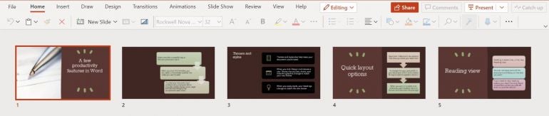 PowerPoint creates a presentation based on the Word content and the design you chose earlier.