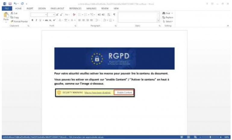 Image: Proofpoint. RGPD-themed Microsoft Word document sent by the attackers. (RGPD is the GDPR)