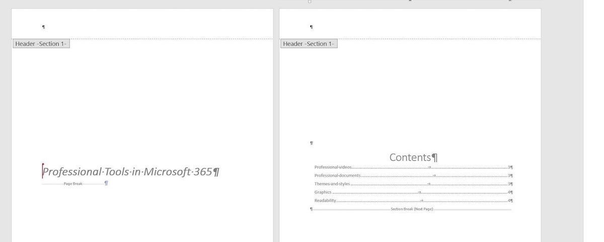 Screenshot of Microsoft Word doc with unlinked sections.