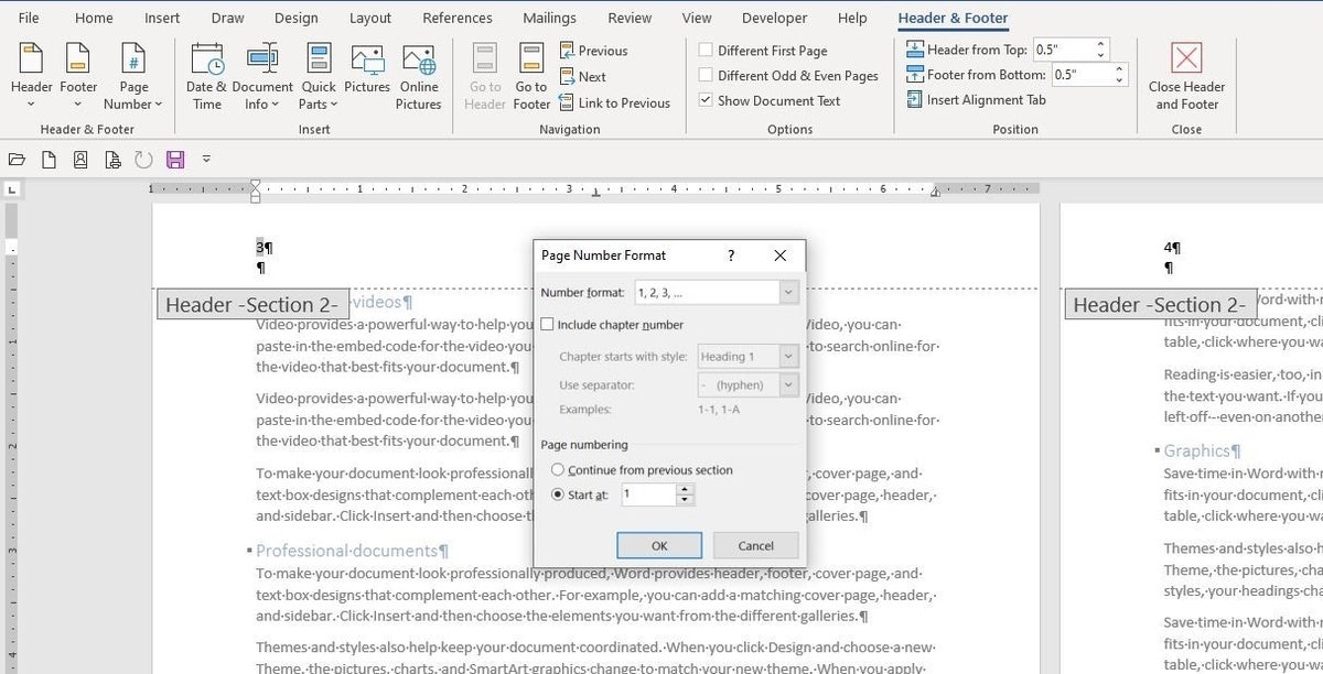 Microsoft Word doc screenshot of page number format menu.