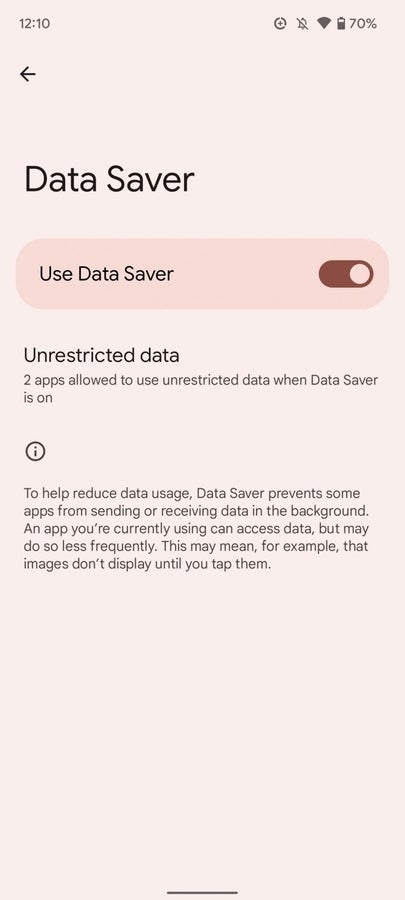 Screenshot of Android Data Saver app, with setting configured to Use Data Saver. System text on screen reads “To help reduce data usage, Data Saver prevents some apps from sending or receiving data in the background. An app you’re currently using can access data, but may do so less frequently. This may mean, for example, that images don’t display until you tap them.”